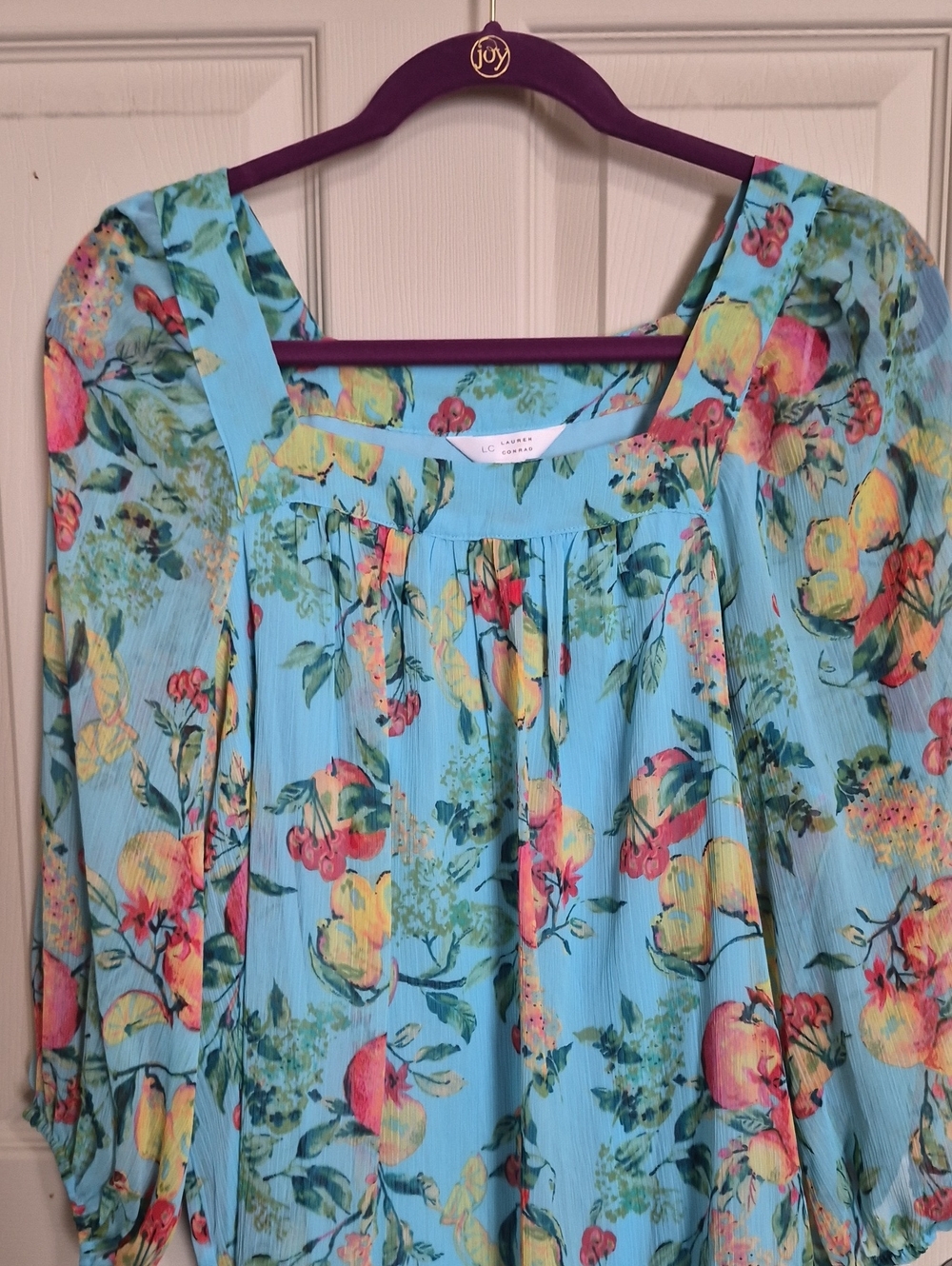 Size L  Lauren Conrad Aqua Blue Floral & Fruit Square-Neck Tunic